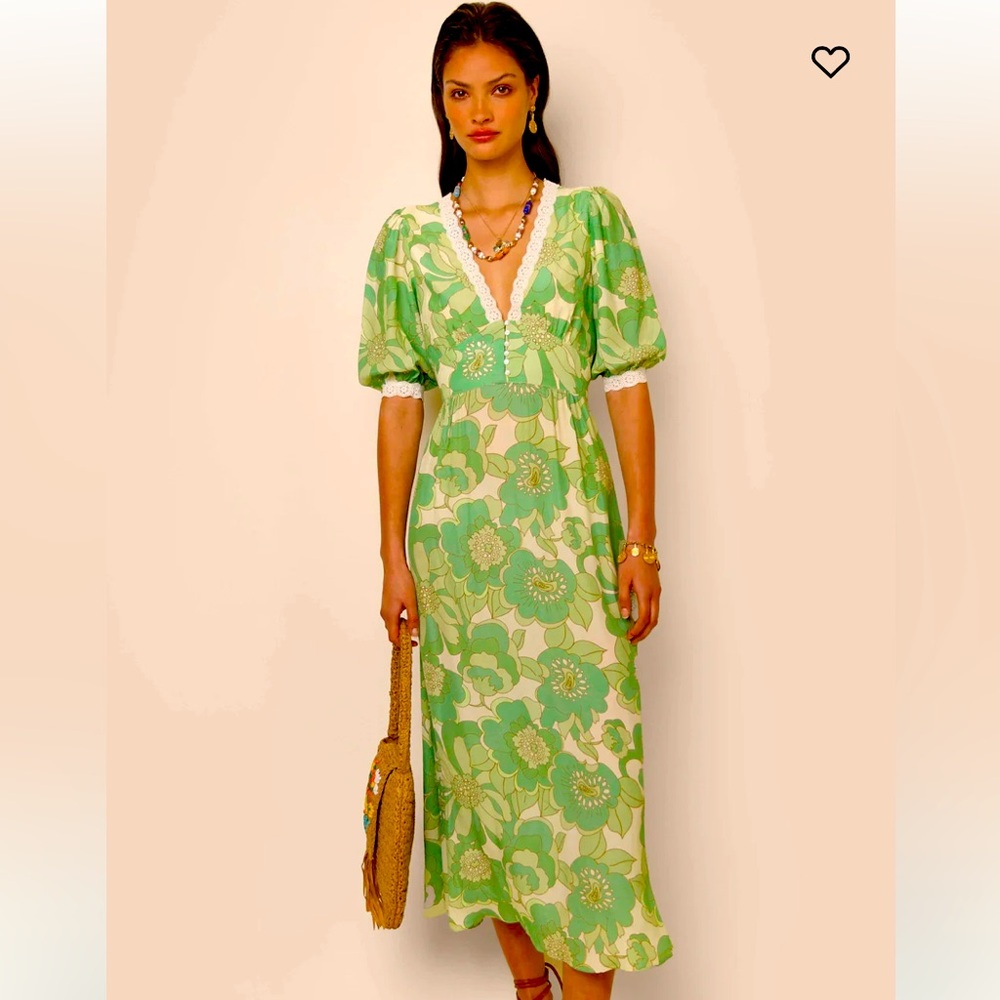 RIXO Green Floral Midi Dress